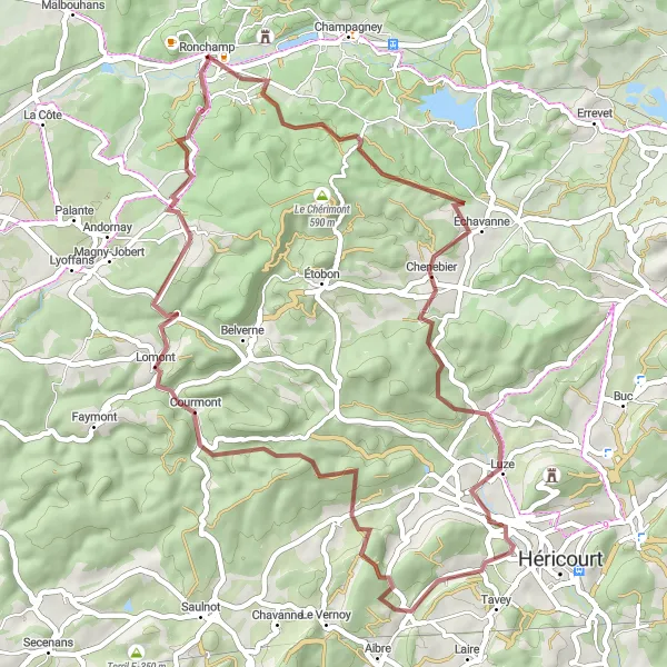 Map miniature of "The Terril Saint-Charles Gravel Discovery" cycling inspiration in Franche-Comté, France. Generated by Tarmacs.app cycling route planner
