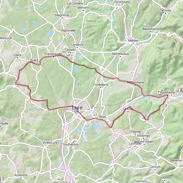 Miniature de la carte de l'inspiration cycliste "Sur les chemins gravel de Franche-Comté" dans la Franche-Comté, France. Générée par le planificateur d'itinéraire cycliste Tarmacs.app