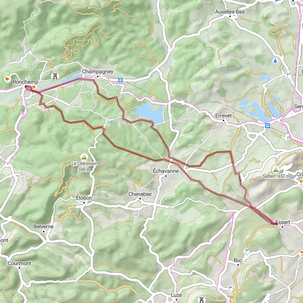 Map miniature of "The Terril Saint-Charles Gravel Trail" cycling inspiration in Franche-Comté, France. Generated by Tarmacs.app cycling route planner