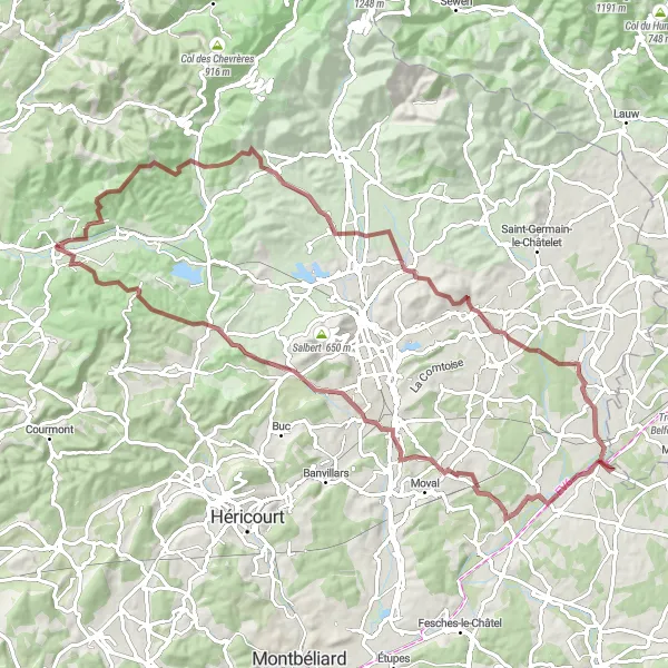 Map miniature of "Ronchamp Gravel Adventure" cycling inspiration in Franche-Comté, France. Generated by Tarmacs.app cycling route planner