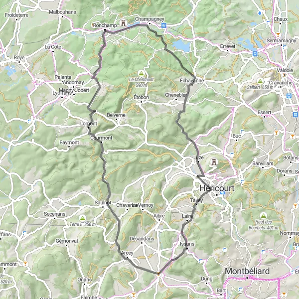 Miniature de la carte de l'inspiration cycliste "Les collines de Franche-Comté" dans la Franche-Comté, France. Générée par le planificateur d'itinéraire cycliste Tarmacs.app