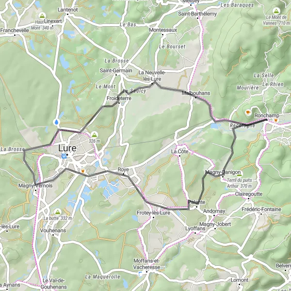 Map miniature of "Ronchamp Scenic Road" cycling inspiration in Franche-Comté, France. Generated by Tarmacs.app cycling route planner