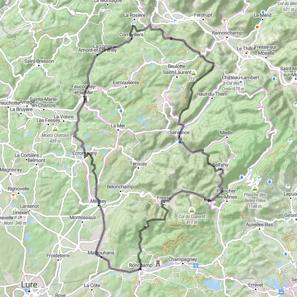 Miniature de la carte de l'inspiration cycliste "Les collines de Bourlémont et les montagnes environnantes" dans la Franche-Comté, France. Générée par le planificateur d'itinéraire cycliste Tarmacs.app