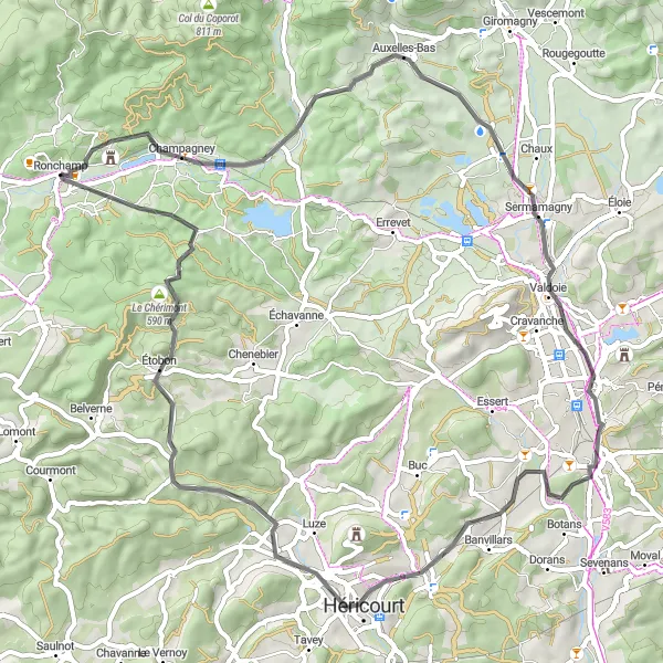 Miniature de la carte de l'inspiration cycliste "Aventures sur les routes de Franche-Comté" dans la Franche-Comté, France. Générée par le planificateur d'itinéraire cycliste Tarmacs.app