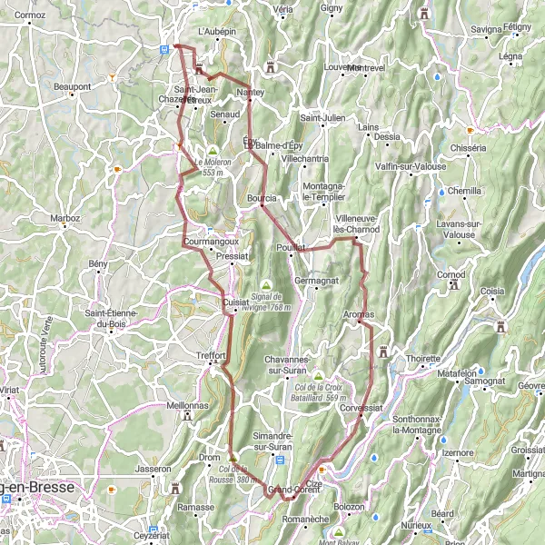 Map miniature of "Scenic gravel route passing through Mont d'Épy, Pouillat, Panorama de la boucle de l'Ain, Grand-Corent, Verjon, and Saint-Jean-d'Étreux" cycling inspiration in Franche-Comté, France. Generated by Tarmacs.app cycling route planner