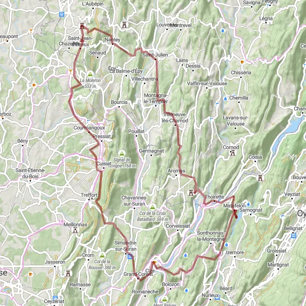 Map miniature of "Ain Adventure" cycling inspiration in Franche-Comté, France. Generated by Tarmacs.app cycling route planner