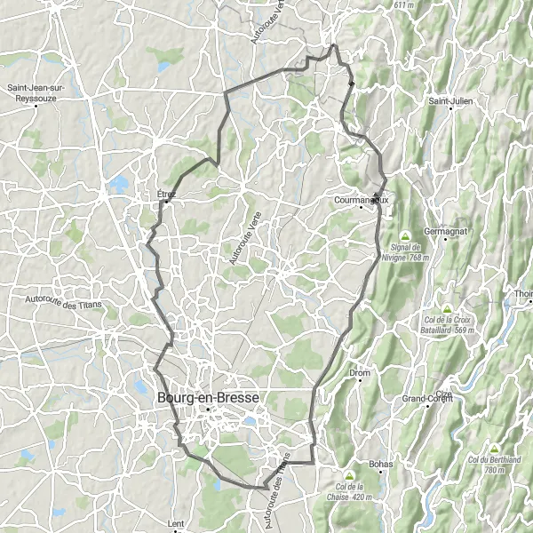 Map miniature of "Scenic Road Cycling Route near Saint-Amour" cycling inspiration in Franche-Comté, France. Generated by Tarmacs.app cycling route planner