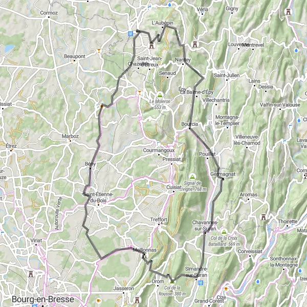 Map miniature of "Épy Escape" cycling inspiration in Franche-Comté, France. Generated by Tarmacs.app cycling route planner