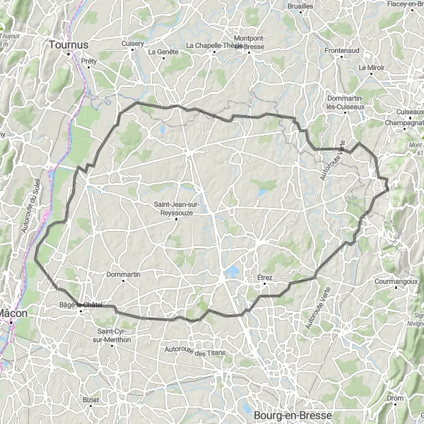 Map miniature of "Saint-Amour Gravel Adventure" cycling inspiration in Franche-Comté, France. Generated by Tarmacs.app cycling route planner