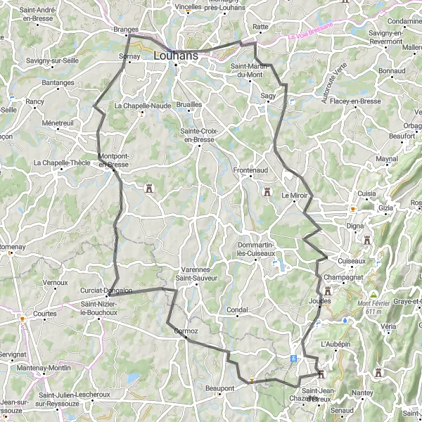 Map miniature of "Road Cycling Exploration near Saint-Amour" cycling inspiration in Franche-Comté, France. Generated by Tarmacs.app cycling route planner