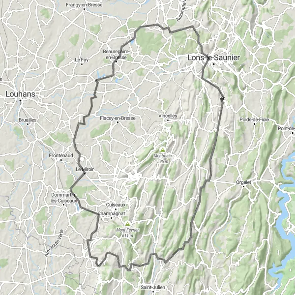 Miniature de la carte de l'inspiration cycliste "Les dénivelés de Franche-Comté" dans la Franche-Comté, France. Générée par le planificateur d'itinéraire cycliste Tarmacs.app