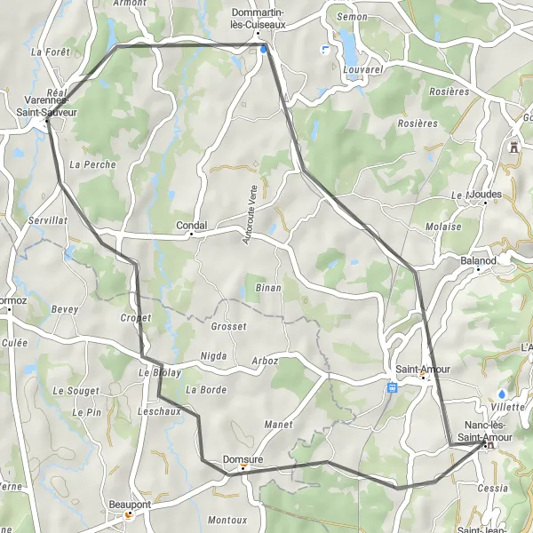 Map miniature of "Cycling through Domsure, Varennes-Saint-Sauveur, and Nanc-lès-Saint-Amour" cycling inspiration in Franche-Comté, France. Generated by Tarmacs.app cycling route planner