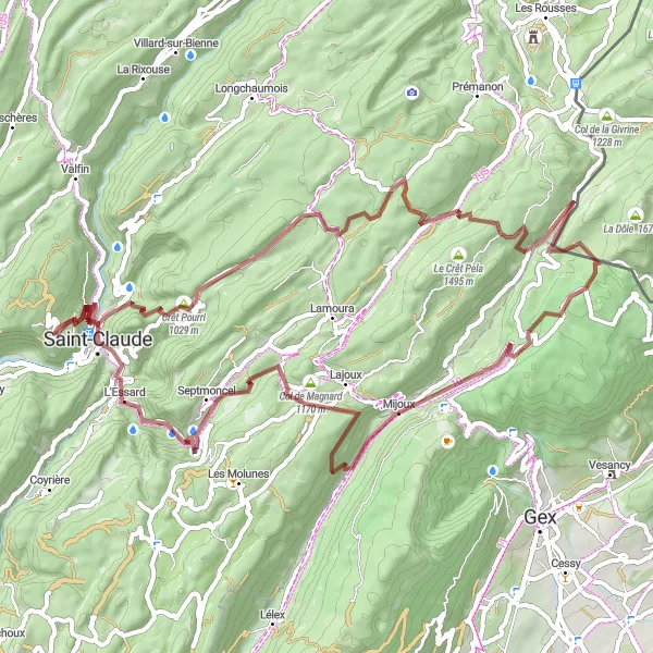 Map miniature of "Jura Adventure" cycling inspiration in Franche-Comté, France. Generated by Tarmacs.app cycling route planner