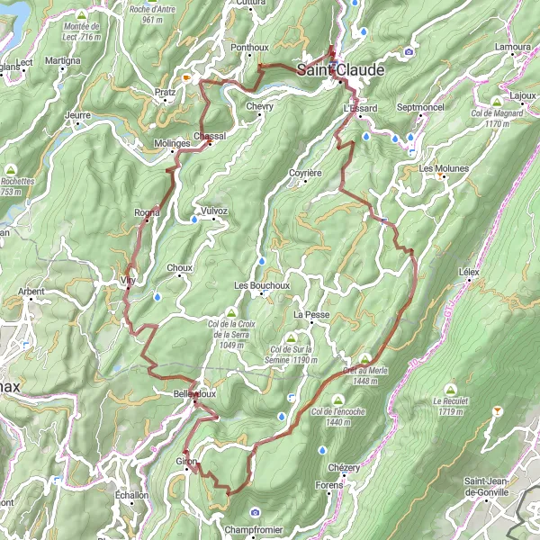 Miniature de la carte de l'inspiration cycliste "Tour des Montagnes du Jura" dans la Franche-Comté, France. Générée par le planificateur d'itinéraire cycliste Tarmacs.app