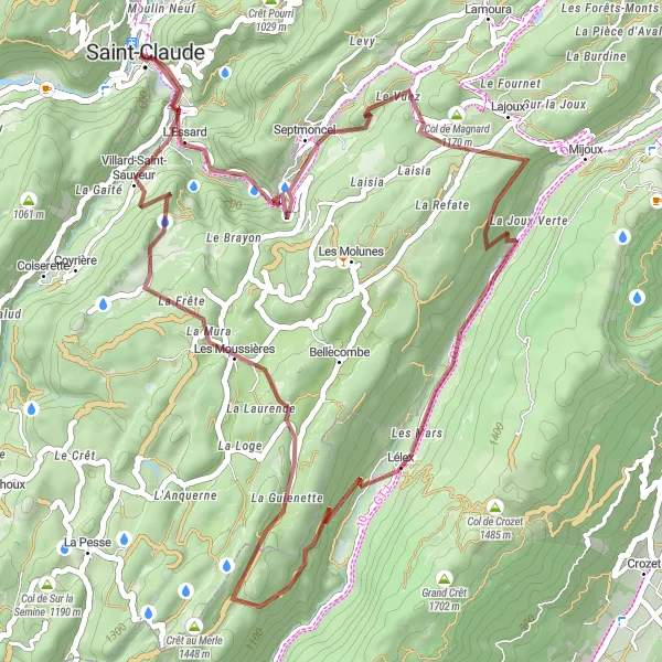 Miniature de la carte de l'inspiration cycliste "Les Crêtes du Jura" dans la Franche-Comté, France. Générée par le planificateur d'itinéraire cycliste Tarmacs.app