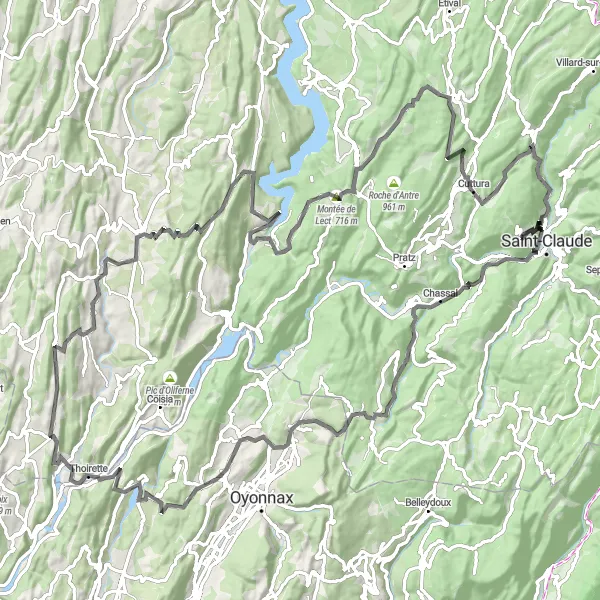 Miniature de la carte de l'inspiration cycliste "Parcours des Vallées du Jura en Vélo de Route" dans la Franche-Comté, France. Générée par le planificateur d'itinéraire cycliste Tarmacs.app