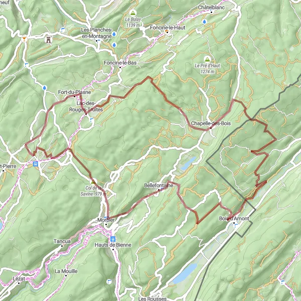 Map miniature of "Visit the Stunning Jura Countryside" cycling inspiration in Franche-Comté, France. Generated by Tarmacs.app cycling route planner