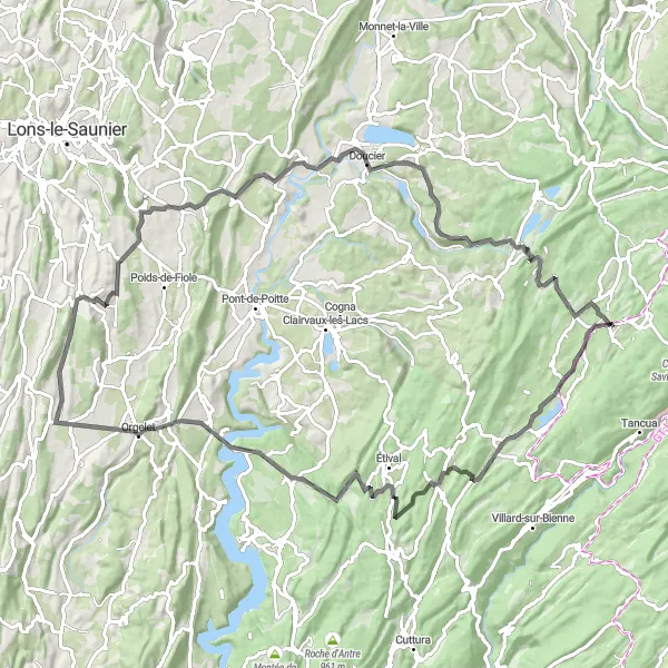 Map miniature of "Enchanting Scenery" cycling inspiration in Franche-Comté, France. Generated by Tarmacs.app cycling route planner