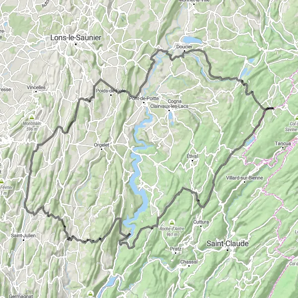 Miniature de la carte de l'inspiration cycliste "Grande Boucle des Villages Jurassiens" dans la Franche-Comté, France. Générée par le planificateur d'itinéraire cycliste Tarmacs.app