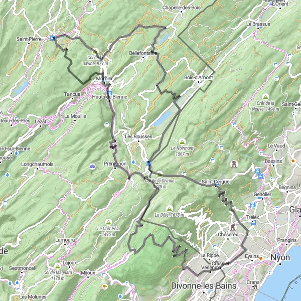 Miniature de la carte de l'inspiration cycliste "Escapade autour du Jura" dans la Franche-Comté, France. Générée par le planificateur d'itinéraire cycliste Tarmacs.app