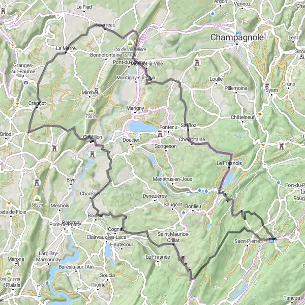 Map miniature of "Mountainous Majesty" cycling inspiration in Franche-Comté, France. Generated by Tarmacs.app cycling route planner