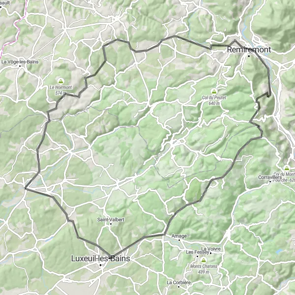 Miniature de la carte de l'inspiration cycliste "Parcours vers Luxeuil-les-Bains et Bellefontaine" dans la Franche-Comté, France. Générée par le planificateur d'itinéraire cycliste Tarmacs.app