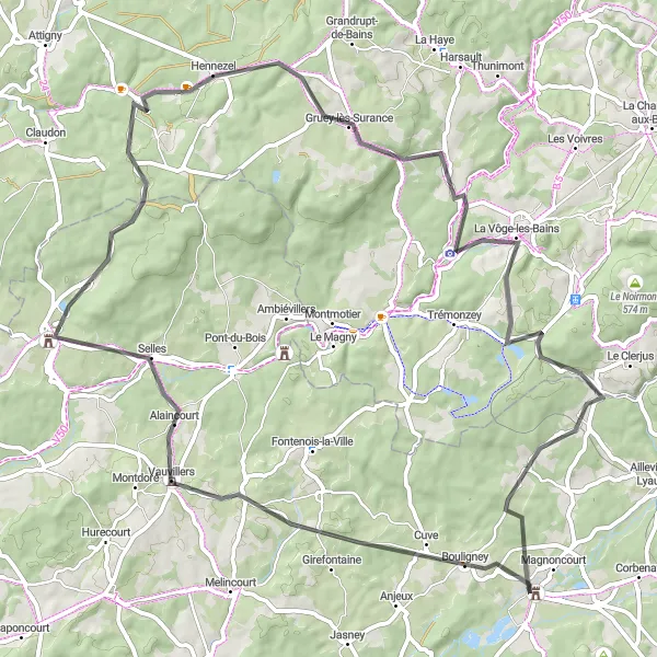 Miniature de la carte de l'inspiration cycliste "Charm of the Vôge Plateau" dans la Franche-Comté, France. Générée par le planificateur d'itinéraire cycliste Tarmacs.app