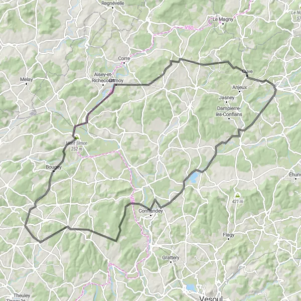 Miniature de la carte de l'inspiration cycliste "Boucle de la Haute-Saône" dans la Franche-Comté, France. Générée par le planificateur d'itinéraire cycliste Tarmacs.app