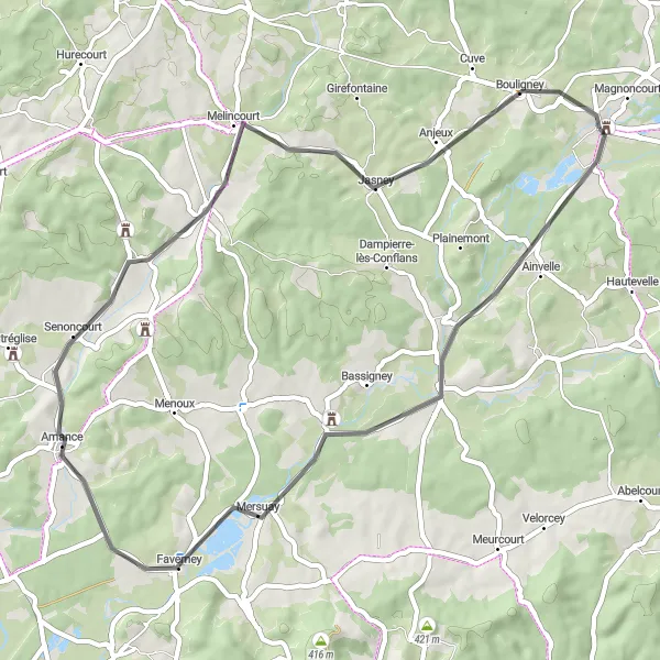 Miniature de la carte de l'inspiration cycliste "Boucle de la Vallée de la Lanterne" dans la Franche-Comté, France. Générée par le planificateur d'itinéraire cycliste Tarmacs.app