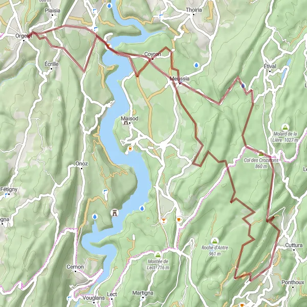 Miniature de la carte de l'inspiration cycliste "Tour du Lac de Vouglans" dans la Franche-Comté, France. Générée par le planificateur d'itinéraire cycliste Tarmacs.app