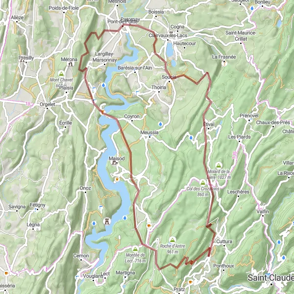 Miniature de la carte de l'inspiration cycliste "Les Collines du Jura" dans la Franche-Comté, France. Générée par le planificateur d'itinéraire cycliste Tarmacs.app