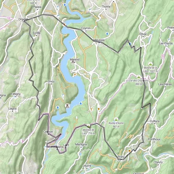 Miniature de la carte de l'inspiration cycliste "Route des Villages du Jura" dans la Franche-Comté, France. Générée par le planificateur d'itinéraire cycliste Tarmacs.app