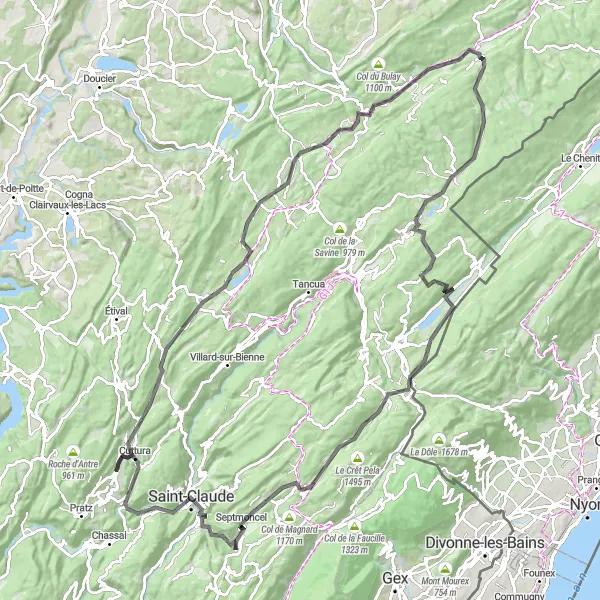 Map miniature of "The Jura Panorama Ride" cycling inspiration in Franche-Comté, France. Generated by Tarmacs.app cycling route planner