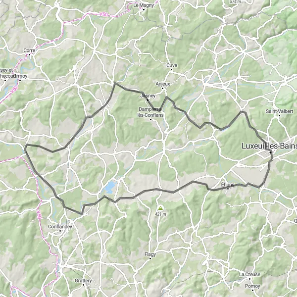 Map miniature of "The Luxeuil Thermal Run" cycling inspiration in Franche-Comté, France. Generated by Tarmacs.app cycling route planner