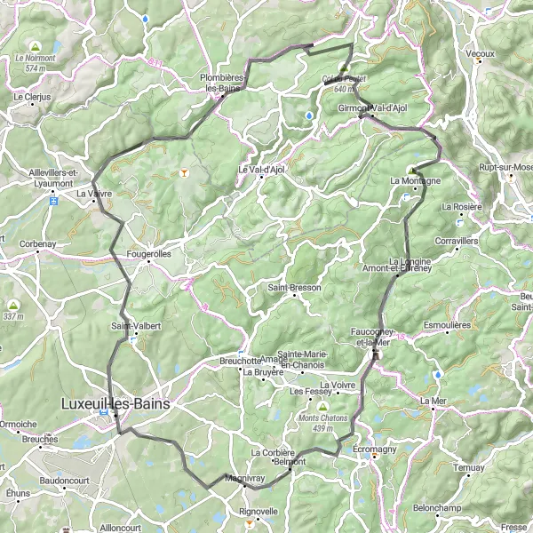 Miniature de la carte de l'inspiration cycliste "Par les Collines des Vosges" dans la Franche-Comté, France. Générée par le planificateur d'itinéraire cycliste Tarmacs.app