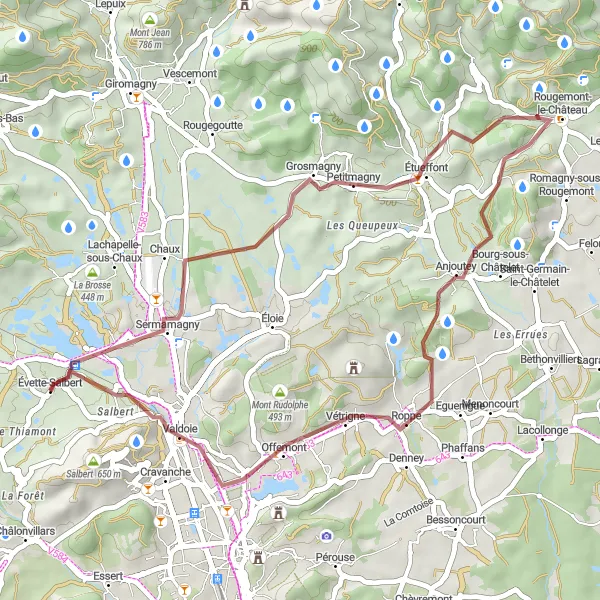 Miniature de la carte de l'inspiration cycliste "Exploration de La Côte à Valdoie" dans la Franche-Comté, France. Générée par le planificateur d'itinéraire cycliste Tarmacs.app
