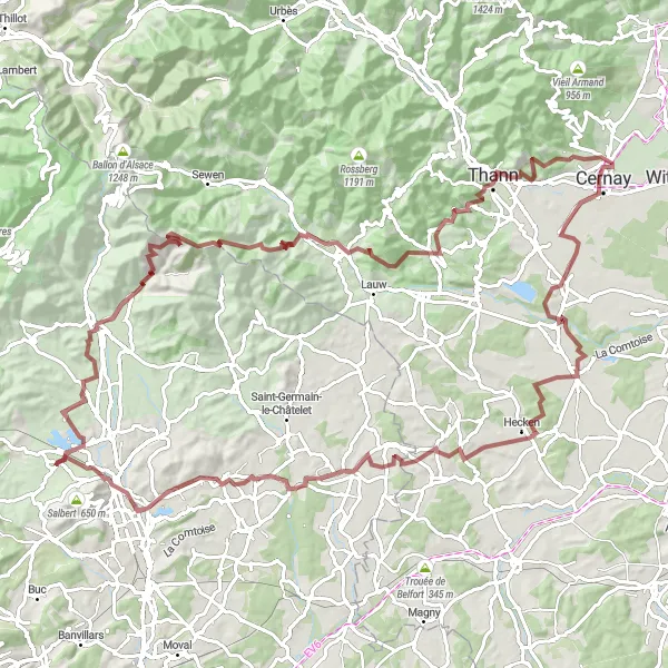 Miniature de la carte de l'inspiration cycliste "Boucle de La Brosse à Valdoie" dans la Franche-Comté, France. Générée par le planificateur d'itinéraire cycliste Tarmacs.app