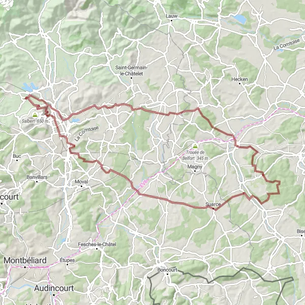 Map miniature of "Vézelois Gravel Adventure" cycling inspiration in Franche-Comté, France. Generated by Tarmacs.app cycling route planner
