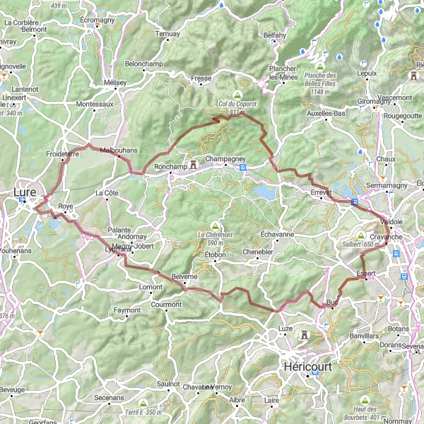 Map miniature of "Salbert Gravel Escape" cycling inspiration in Franche-Comté, France. Generated by Tarmacs.app cycling route planner