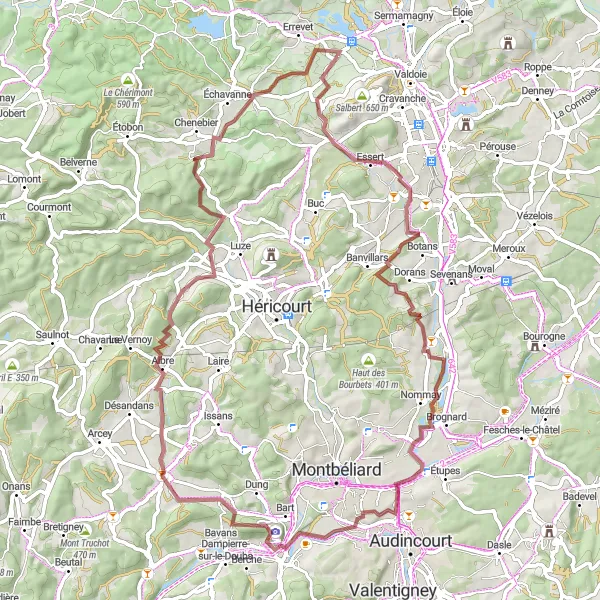 Miniature de la carte de l'inspiration cycliste "Boucle de Salbert par Essert et Frahier" dans la Franche-Comté, France. Générée par le planificateur d'itinéraire cycliste Tarmacs.app