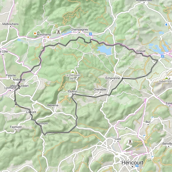 Miniature de la carte de l'inspiration cycliste "Tour de Frahier-et-Chatebier à Évette-Salbert" dans la Franche-Comté, France. Générée par le planificateur d'itinéraire cycliste Tarmacs.app