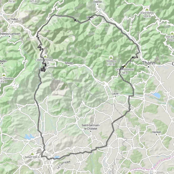 Map miniature of "Challenging Ride through the Vosges Mountains" cycling inspiration in Franche-Comté, France. Generated by Tarmacs.app cycling route planner