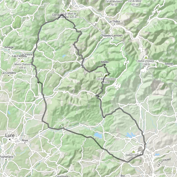 Map miniature of "Salbert Road Adventure" cycling inspiration in Franche-Comté, France. Generated by Tarmacs.app cycling route planner