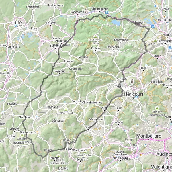Miniature de la carte de l'inspiration cycliste "Parcours routier vers Évette-Salbert" dans la Franche-Comté, France. Générée par le planificateur d'itinéraire cycliste Tarmacs.app
