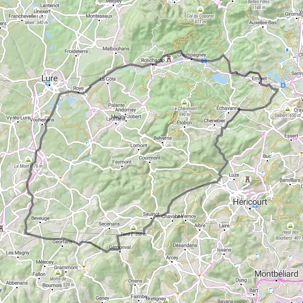 Miniature de la carte de l'inspiration cycliste "Circuit de Chagey à Évette-Salbert" dans la Franche-Comté, France. Générée par le planificateur d'itinéraire cycliste Tarmacs.app