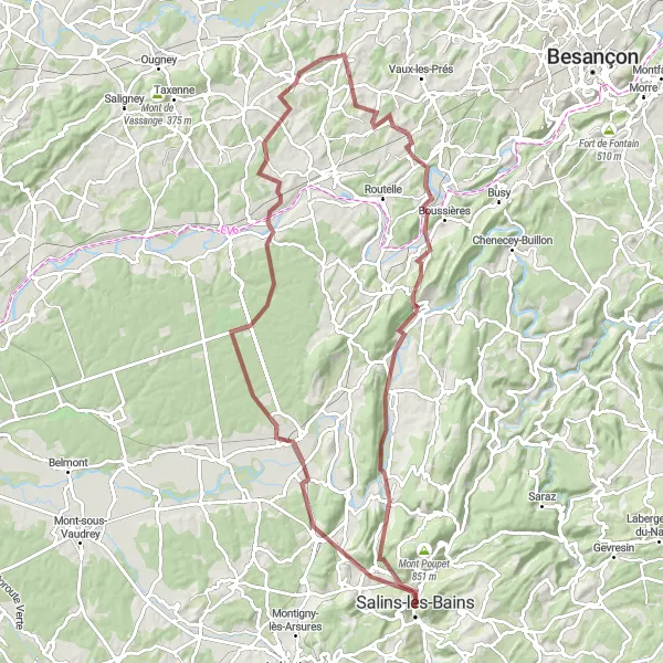 Map miniature of "Scenic Gravel Adventure through Arc-et-Senans and Chay" cycling inspiration in Franche-Comté, France. Generated by Tarmacs.app cycling route planner