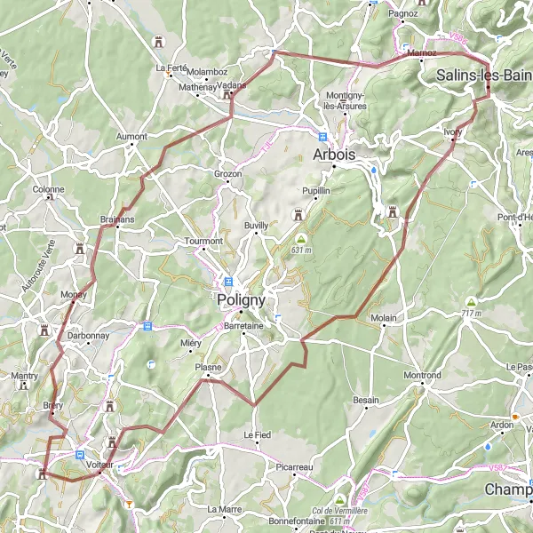 Map miniature of "Gravel Route to Aiglepierre and Belvédère de la Rochette" cycling inspiration in Franche-Comté, France. Generated by Tarmacs.app cycling route planner