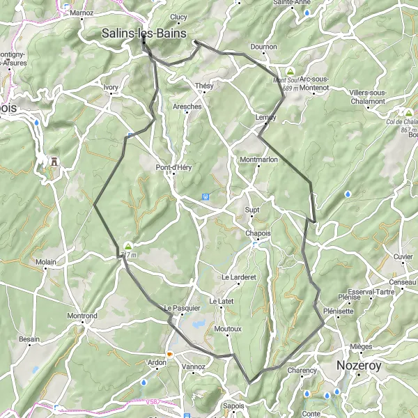Miniature de la carte de l'inspiration cycliste "Parcours route de Chilly-sur-Salins" dans la Franche-Comté, France. Générée par le planificateur d'itinéraire cycliste Tarmacs.app