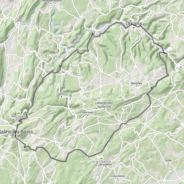 Miniature de la carte de l'inspiration cycliste "Parcours route vers Salins-les-Bains" dans la Franche-Comté, France. Générée par le planificateur d'itinéraire cycliste Tarmacs.app