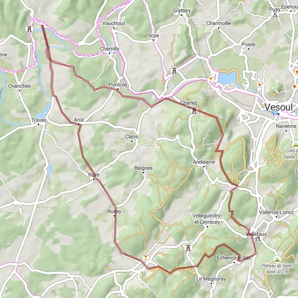 Map miniature of "Gravel Adventure" cycling inspiration in Franche-Comté, France. Generated by Tarmacs.app cycling route planner